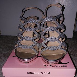 Nina Silver Glitter Strappy Heels - Size 8M